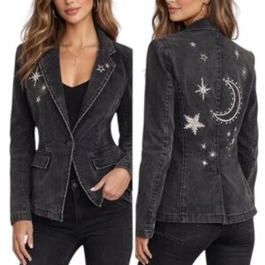 Driftwood Faded Black Denim Celestial Moon and Stars Jacket